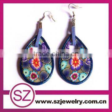 Popular polymer clay tear drop flower pattern dangle earring