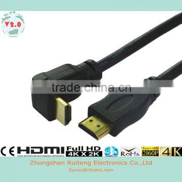 Low price 90 Degree HDMI 19pin Male to male cable with Ethernet support 3D and 4K