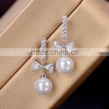 New Trendy Design Imitation Pearl Silver AAA CZ Cubic Zirconia Bowknot Drop Earrings for Women Wedding Jewelry Christmas Gifts