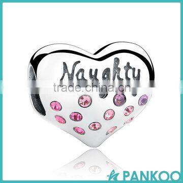 925 Sterling Silver NICE Naughty Word Heart Beads Charms with Pink Crystal for DIY Jewelry Making Baby Gift