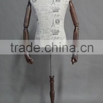 dress form mannequin with wooden arms, wooden base, wooden cap