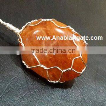 Orange Aventurine Oval Wire Wrapped Pendant With Cord :Oval Shape Cabochon Silver Wrapped Pendant : Agate Healing Pendant