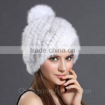 CX-C-206B Fox Fur Ball Mink Fur Knitted Winter Pompom Hat