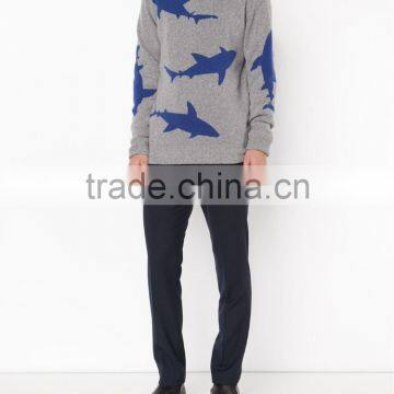 2015 fashion shark design intarsia hand knitting sweater for mens