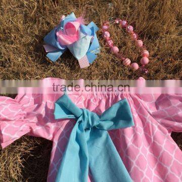 2015 Baby Girls Easter Pink Quatrefoil Teal Bunny Dress Kids Clothes With Necklace and Bows Set photo-4