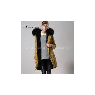 Unique long OEM style coat , black real raccoon collar fur collar,light yellow sheep liner for Parka