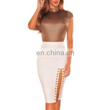 2017 NEW IN Gold Runway Contrast Lace Up Buit Up Neck Short Sleeve Dress