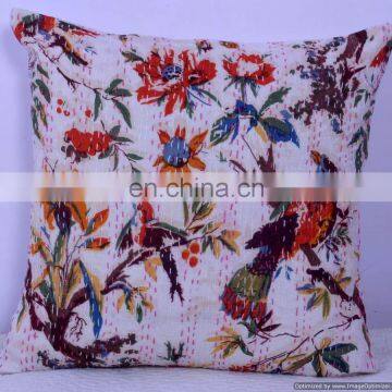 Hand Stitched Handmade indian White Bird Floral Design Cushion Cover decorative pillow cover handmade Kantha cushion cover