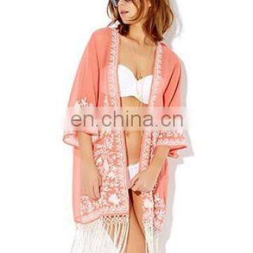 2015 MONOCHROME EMBROIDERED KIMONO Latest beach kimono soft polyester fabric embroidered kimono