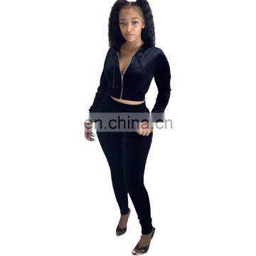 Women Fashion Front Zipper Autumn Winter Long Sleeve Crop Top Outfits Jacket Tracksuits Velvet Two Piece Sets photo-3