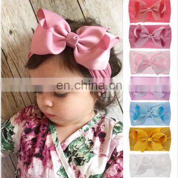 Girls Nylon Headband with Ribbon bow Baby Solid Stretchedable Headwear for 0-6T 18Colors