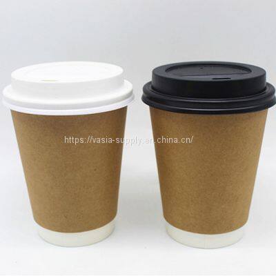 Takeaway Insulated Paper Hot Coffee Cups Double Wall Kraft 225ml 8 OZ With Lid