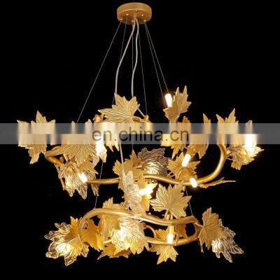 Wholesale Hotel Restaurant Bar Decorative Unique Gold Maple Leaf Glass Chandeliers Lighting