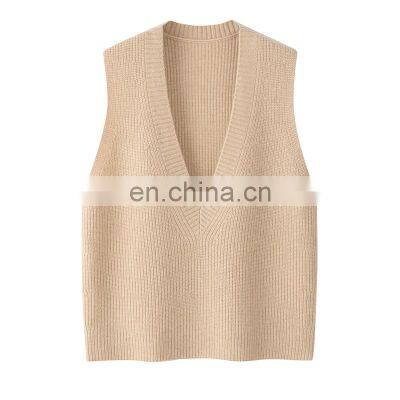 Women's Casual Pure Cashmere V-Neck Vest Sleeveless Knitted Rib Woolen Outerwear with Embroidered Logo on Back