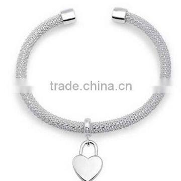 Mesh Chain Bracelet With Heart Charm, Silver Heart Charm Mesh Bangle Bracelet 7.5 Inch