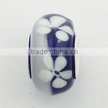 Frosty White Blue Murano Glass Bead White Fancy Flowers