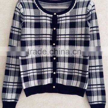 Simple long sleeve knitting wear houndstooth elegant sweater cardigan for OL