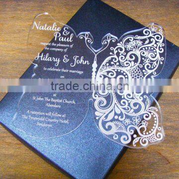 Butterfly Shaped Beautiful Clear Acrylic Wedding Invitation With White Silk Screen Printing                        
                                                                Most Popular