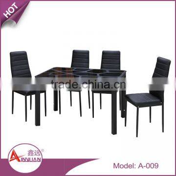 A-009 luxury black design glass table and chair/glass top dining table with leather chairs/modern design glass top table