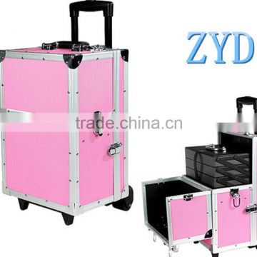 professional cosmetic trolley case aluminum pink makeup kit for hairdresser artist