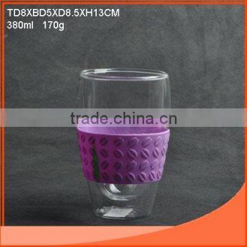 380ml double wall glass cup with silicon coat