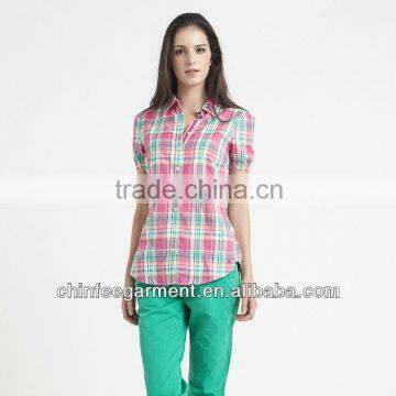 Women Cotton Plaid Short Sleeves Shirts