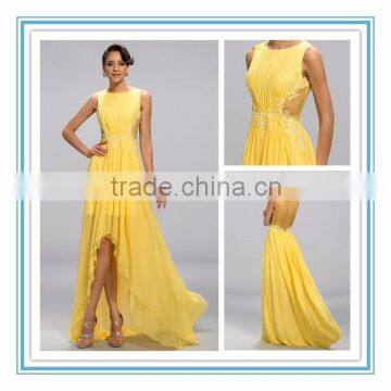 New Arrival Chiffon Hi-Lo Formal Evening Gown Applique Sheer Back Bateau Ladies' Evening Dress 2015 (DVED-1109)