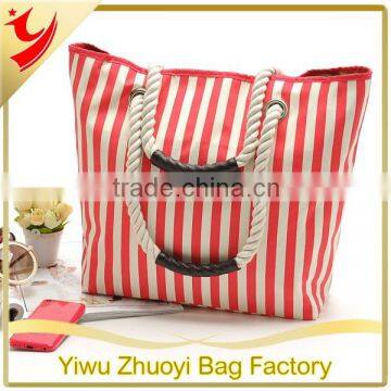 High Quality Red Canvas and PU Strip Print Beach Tote Bag with Cotton Rope Strap