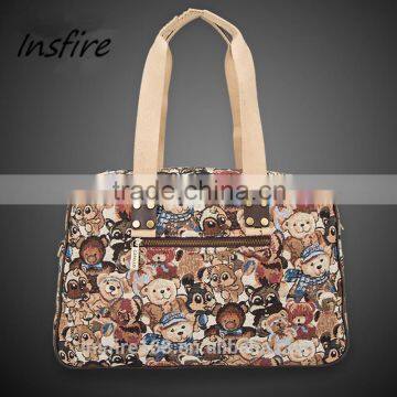 China export wholesale women brand designer leisure bear print canvas handbag