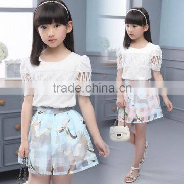 1921 Fashion Children Lace Hollow Out Shirt+Organza Checked Pants 2pcs suit