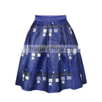 2015 Women Long Skirt Blue Digital Printing Puff Skirt Cheap Price High Quality N19-17