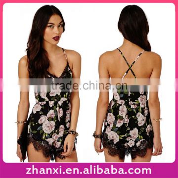 Hot Selling Flower Printing Casual Lace Chiffon Jumpsuits for Women 2016 Sexy