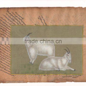 Vintage Miniature Painting Artwork Artist Gallery Animal Himalayan tahr Goat Antique manuscript