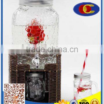 Glass Beverage Dispenser glass bottle with ice bucket woven stand 6L