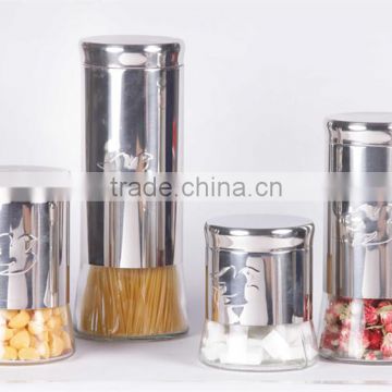 new designed glass storage jar with stainless steel casing