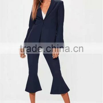 MGOO 2017 New Style Flare Long Sleeves Tops One Button Women Fashion Suits Navy PLain Crepe One Buttons Jackets photo-3