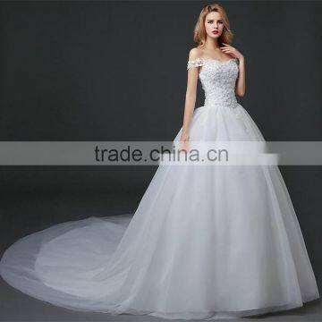 MGOO Stock Off Shoulder Flower Emboridery Beaded Back Straps Crossover Wedding Dress Bride Princess Dress photo-4