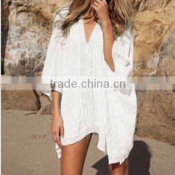 2017 Hot Sell V neck White Blue Ladies Beach Cover Ups