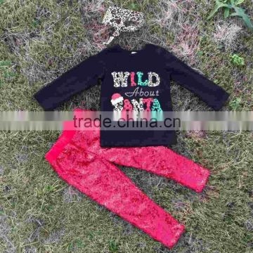 baby clothes girls cute WILD ABOUT SANTA black outfits kids red Sequins pant sets kids long sleeve sets with Leopard headband