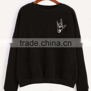 Black custom gesture printing crewneck sweatshirt wholesale women crewneck sweatshirt