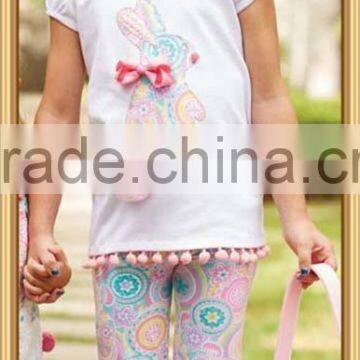 Boutique girl clothing spring and summer easter bunny outfits for toddler girls bunny top and floral triple ruffle pants sets