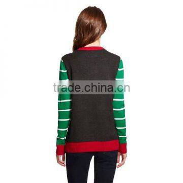 Jacquard Pattern Stripe Sleeve Cotton Knitwear Women Christmas Jumper Sweater photo-2