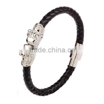 Hot Selling Leather Men Skull Bracelet Magnetic Buckle Twin Skeleton Charm Bracelet photo-4