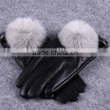 Winter ladies new fashion cute Leather Fox Fur Pompom Gloves Warm Winter warm leather motorcycle gloves for women