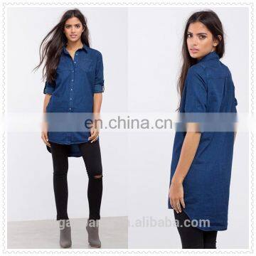 wholesale cheap long sleeves 100% cotton twill women denim shirt tunic