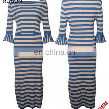 Women's Flare Sleeves Strips Long Knit Skirt Suits