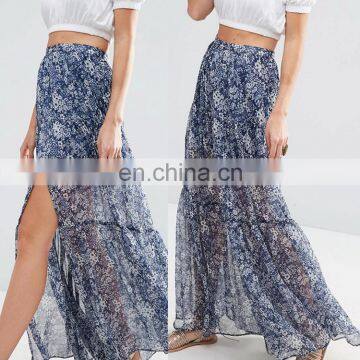 Latest long skirt design tiered chiffon maxi ladies wholesale skirts with front split