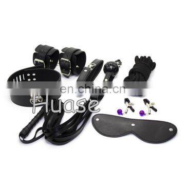 Sex Adult Bondage Toy Set 7pc Bondage love Kit Blindfold, Collar, Wrist restraints, Ball gag, Whip, Nipple clamps& Cotton Rope