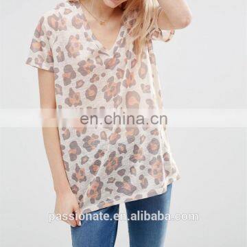 Sexy women leopard animal print longline v neck t shirt