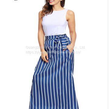High Waist Tie or Elastic Tie Vertical Stripe Skirt